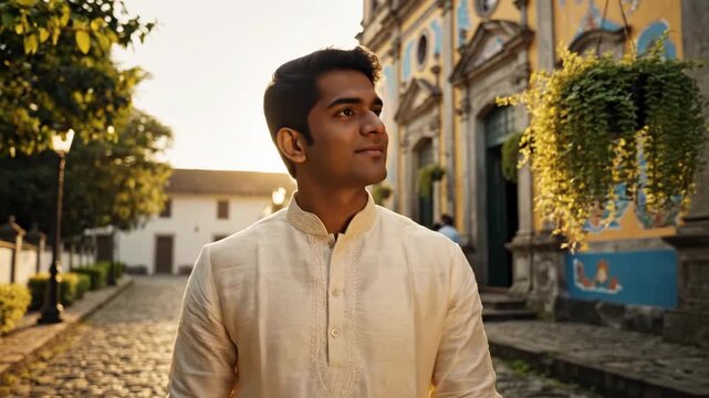 Young man in a cream kurta walking along a historic cobblestone street beside an ornate painted church facade during golden hour, backlit by warm sunlight and soft lens flare.