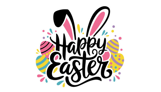 A colorful Easter graphic with bunny ears and decorated eggs