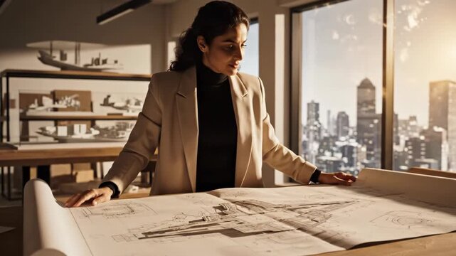 Architect reviewing architectural blueprints on a drafting table in a modern studio office with scale models and a city skyline visible through floor-to-ceiling windows at sunset