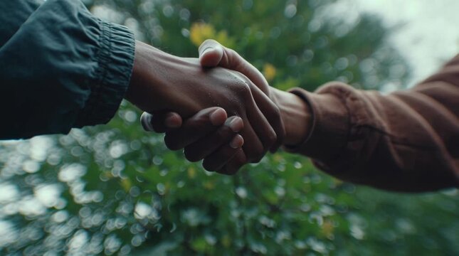 Partnership, agreement and collaboration in nature for business deal, friendship bond and mutual support with diverse people shaking hands outdoors. Trust, connection and alliance with successful