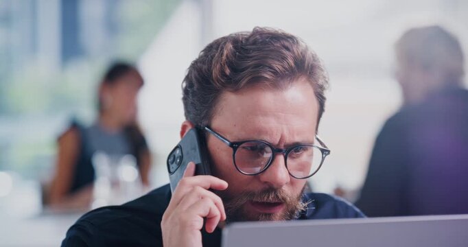 Phone call, laptop and businessman in office with contact for feedback on finance report. Cellphone, computer and financial manager on mobile discussion for advice on investment in workplace.