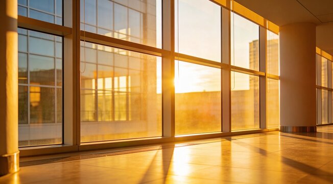 Ruang Komersial Modern dengan Jendela Besar, Sinar Matahari Jam Keemasan Lembut, Warna Cerah, Pencahayaan Profesional, Detail 8K