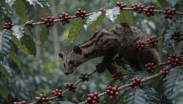 Binturong climbing through lush green tree with red berries in forest habitat