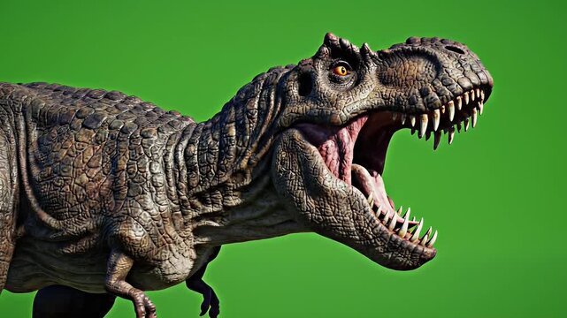 Fearsome Tyrannosaurus Rex dinosaur roaring for chroma key visual effects