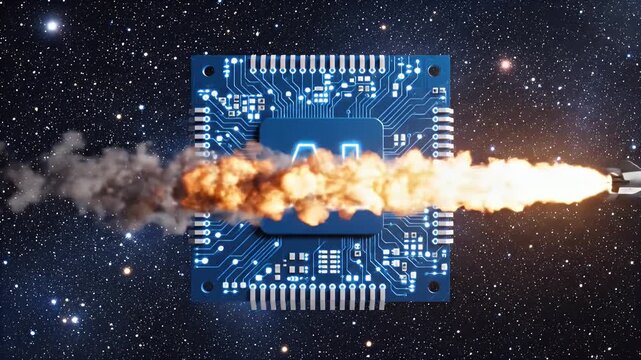 A powerful computer processor chip flies through space like a fast rocket.