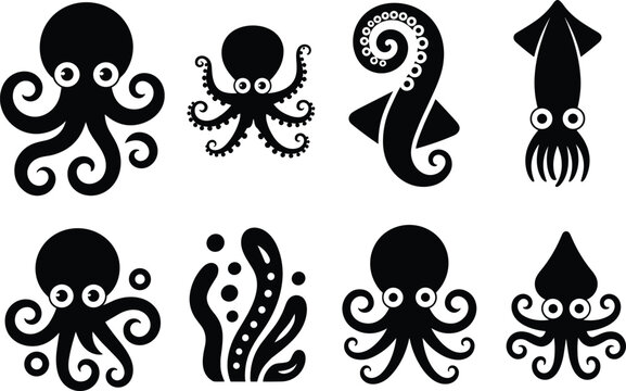 Cute Octopus and Squid Silhouette Icon Set Featuring Various Sea Creatures Tentacles and Bubbles for Marine Life Education Seafood Restaurant Branding and Aquatic Vector Illustration Graphics