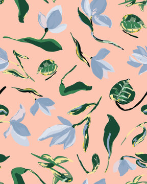 Hand drawn, sky blue watercoloree flowers with green leaves as seamless repeat pattern. Random placed, vector botanical aop, all over surface print on beige background.