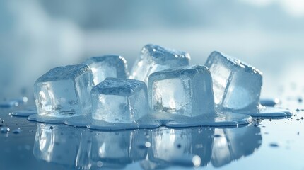 Obraz premium Ice cubes slowly melting on a reflective surface showing gradual phase change. 