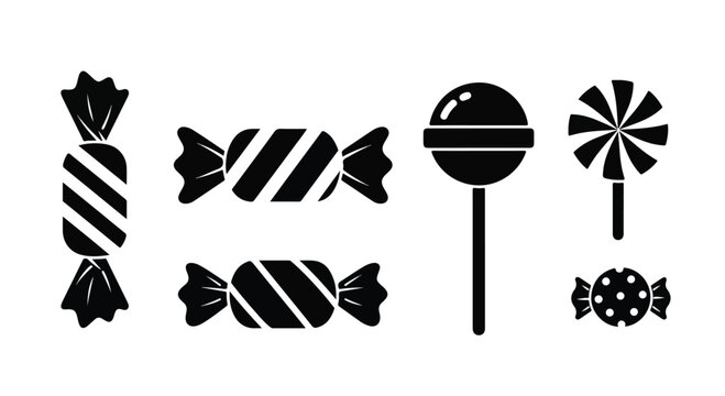 Flat lay of various black candy icons on a white background including wrapped sweets and lollipops.