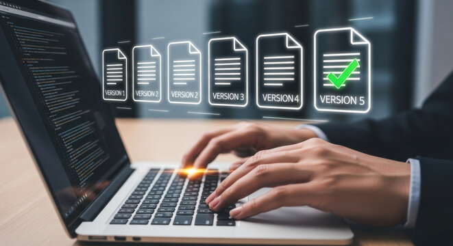 Document version control. Revision history and change tracking. Businessperson using laptop computer to edit documents. 