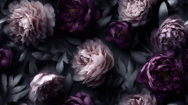Seamless pattern of soft blush and deep plum peony flowers with muted foliage on dark background, romantic floral composition with painterly texture and atmospheric depth