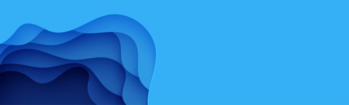 Navy blue layers with smooth shadow papercut art. Vector illustration, origami shapes. Abstract background with water waves in paper cut style. 3d wallpaper with cut out deep wavy modern cover BG.