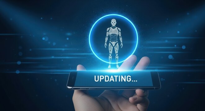 A futuristic humanoid robot updating on a smartphone