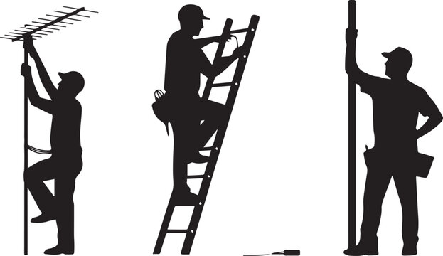 Repairmen silhouettes working on height using ladder and antenna pole isolated on white background for telecommunication maintenance concept
