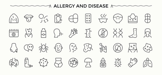 Allergy And Disease icon set. Disease trendy minimal icons. Outline icons pack. Allergic vector line icon set. Editable stroke. Pixel Perfect.