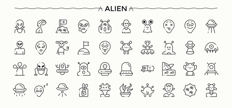 Alien icon set. Vector outline icons collection. Vector illustration in modern line style. Outer Being vector icon set. Contains such icons as space, flying, rocket, saucer, flying saucer and more.