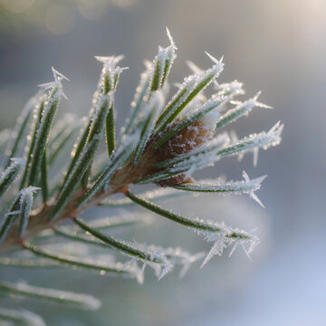Macro photography of a frosted evergreen branch,