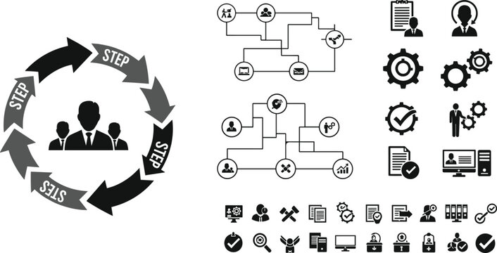 Business process diagram icons cycle workflow steps flowchart people and office elements.