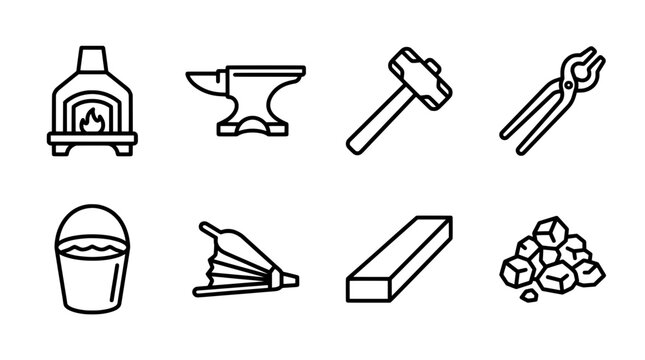 Blacksmithing tools anvil forge hammer tongs bellows water bucket and more