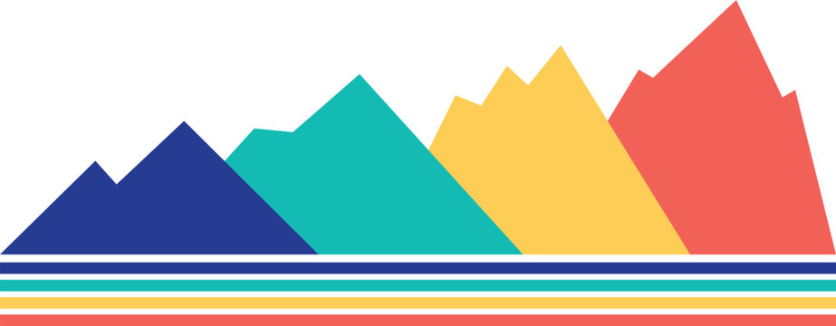 retro minimalist mountain range silhouette vector illustration with colorful peaks and stripes isolated background.