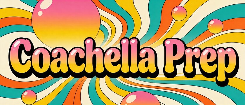 Colorful retro design with psychedelic swirls and Coachella theme  
