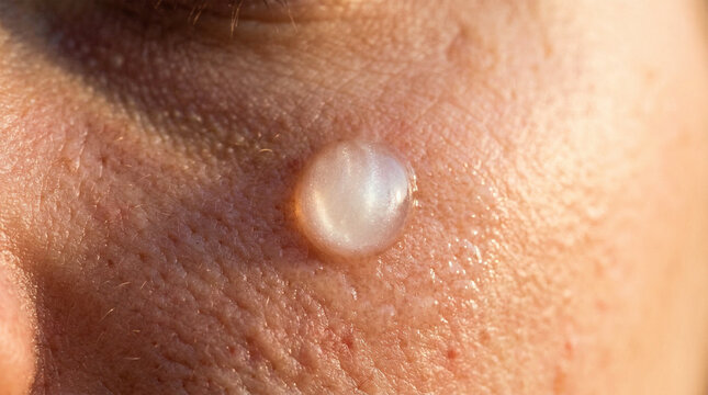Macro close-up of a hydrocolloid pimple patch on human skin