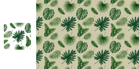 A seamless vector pattern with diverse tropical leaves, monstera, palm leaves in vibrant green shades,  tropical background, jungle-inspired aesthetic, wallpaper, wrapping paper, packaging design © Arlen