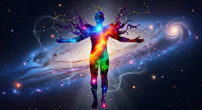 Cosmic human silhouette filled with galaxy colors representing universal connection and consciousness with constellations and nebulae in the background
