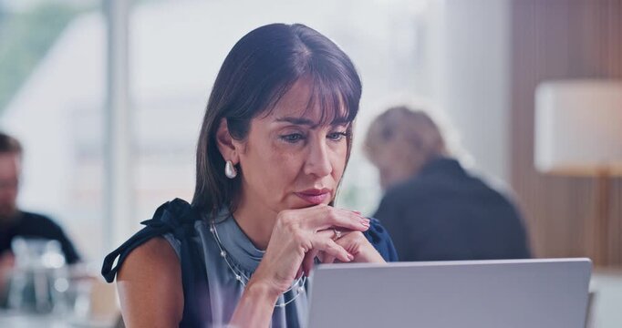 Thinking, review or woman in office with laptop, draft insight or story feedback for article. Reflection, meeting or mature journalist with tech, column planning or web research for publication.