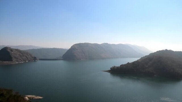 Aerial view of the reservoir of Idukki Dam seen from Hill View Park, Idukki, Kerala, India