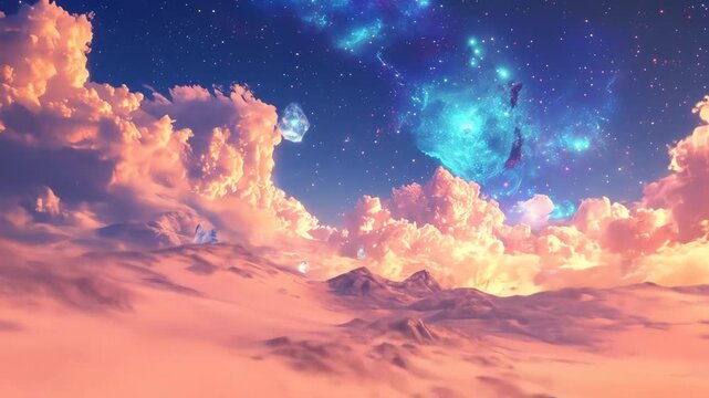 Fantasy landscape crystal formations and nebula sky in digital illustration