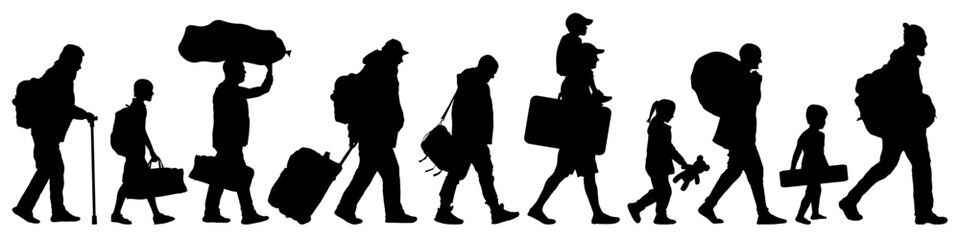 Obraz premium Group of people walking, refugees with personal belongings. Migrants, the resettlement of people. Side view. Set of isolated people. Vector silhouettes
