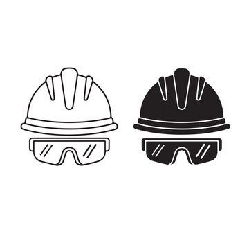 Minimalist Hard Hat and Safety Goggles Icon Set &ndash; Outline and Glyph Style