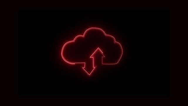Upload icon symbol, cloud icon and neon line upload arrow icon animation on black background.