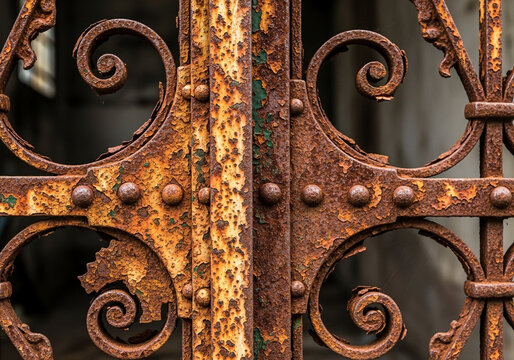 Rusty iron gate with ornate scrollwork and rivets weathered texture close up view old metal fence