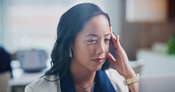 Tired, woman and glasses with headache in office for eye strain, project deadline or pressure. Exhausted, female person or spectacles with migraine on computer for overworked tasks in workplace