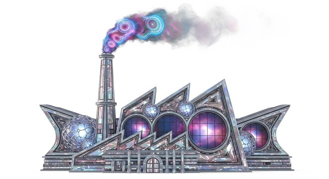 A futuristic factory with a colorful smokestack emitting vibrant purple and blue smoke