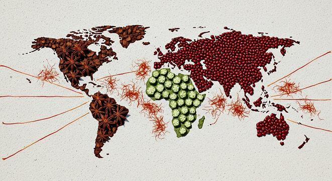 Creative world map composed of various foods with red lines connecting continents global spread concept