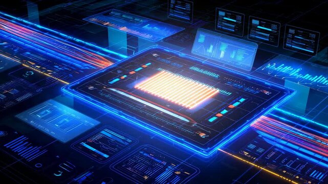 Advanced digital interface featuring glowing data graphs and analytics panels, representing cutting-edge technology, big data management, and futuristic computing solutions.