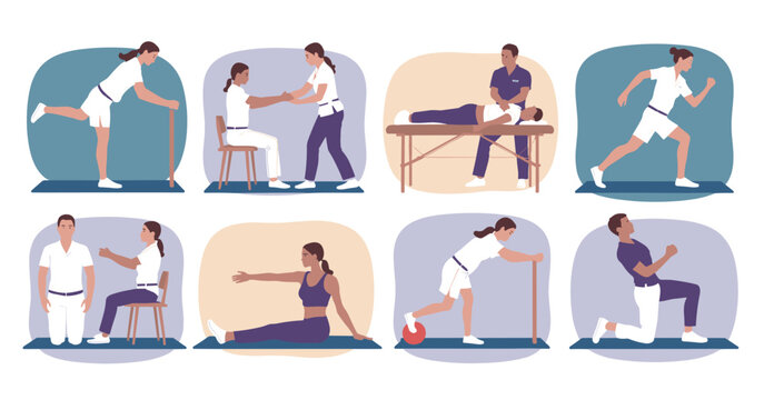 Physical therapy exercises and patient care illustrations