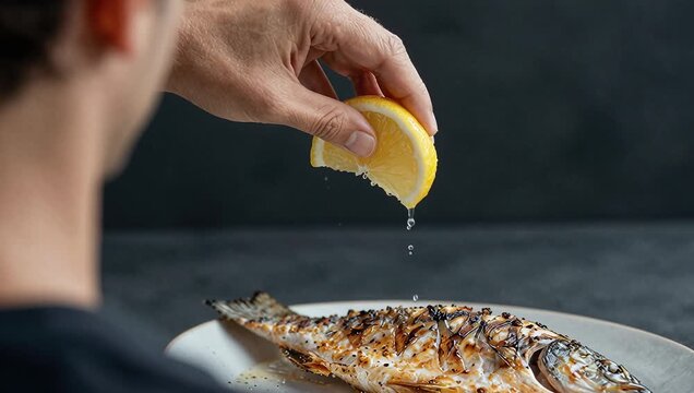 Squeezing Fresh Lemon on Grilled Fish for Flavor Enhancement