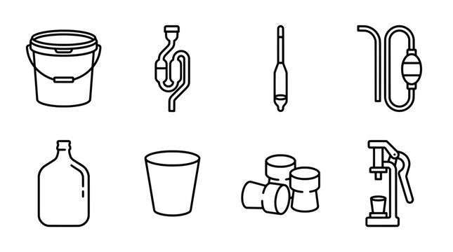 Essential home brewing equipment illustrated icons for craft beverages