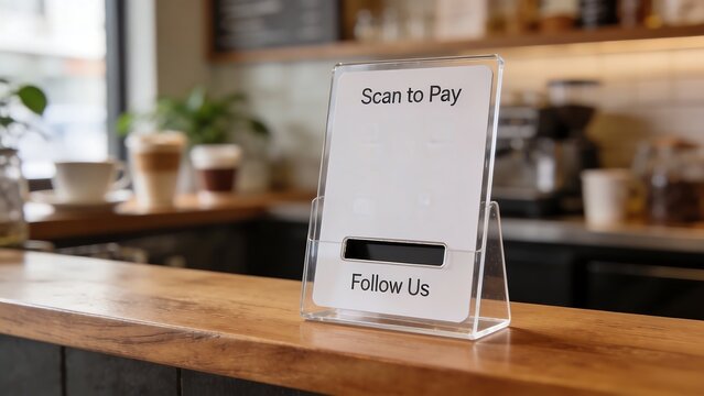 An acrylic QR code stand sits on a wooden counter in a coffee shop. It displays the words "Scan to Pay" and "Follow Us," along with a slot for inserting QR codes.
