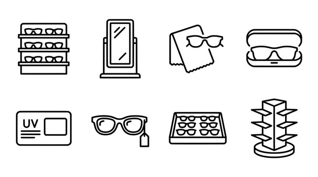 Eyewear icons stylish spectacles and accessories for vision and eye care
