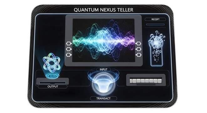 A futuristic quantum nexus teller machine with a sleek black design and vibrant blue and purple lights