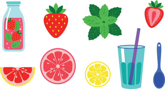Fresh Summer Fruit Drink Icon Set with Strawberry, Mint Leaves, Citrus Slices, Juice Bottle, and Glass for Healthy Lifestyle Organic Beverage Graphic Designs