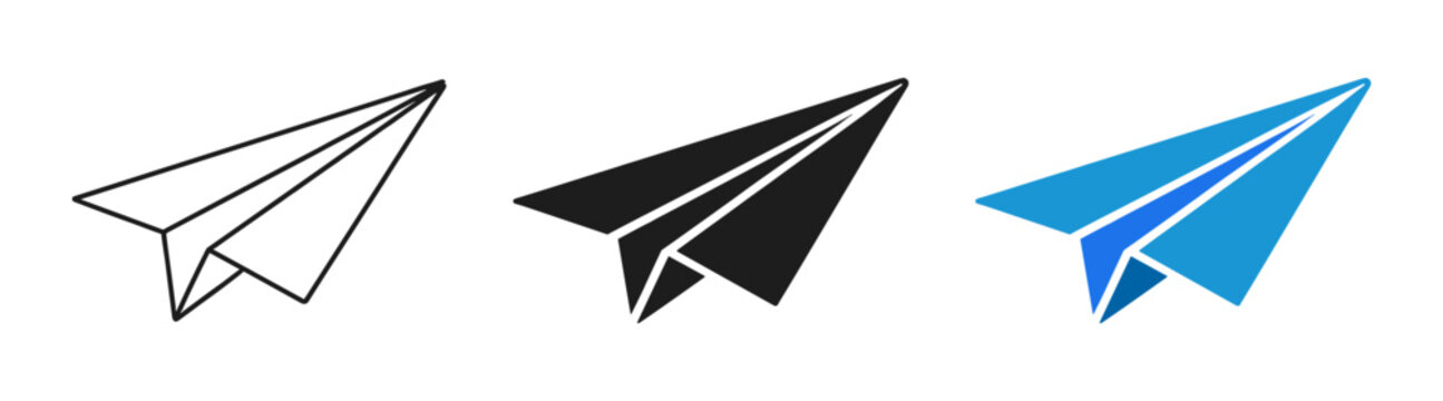 Paper plane icon set, send message symbol, email and chat communication signs, minimal simple vector illustration, outline and solid styles on transparent background