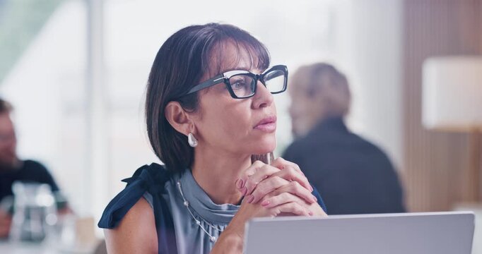 Thinking, laptop or woman in office with glasses, draft insight or story feedback for article. Tech, meeting or mature journalist with specs, column planning or research reflection for publication.