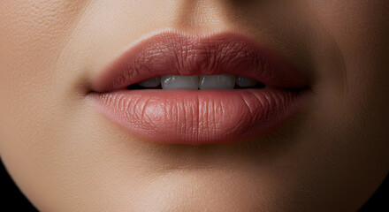 Fototapeta premium Close-up view of lips revealing a natural look with soft skin tones in a dimly lit setting