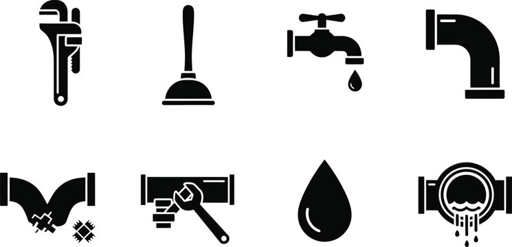 Icon set for plumbing and water symbols including faucets tools and water drops